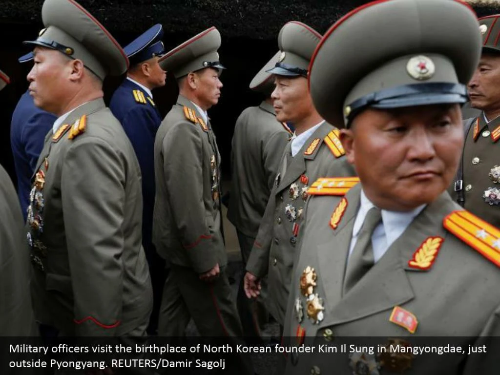 Military officers visit the birthplace of North Korean founder Kim Il Sung in Mangyongdae, just outside Pyongyang. REUTERS/Damir Sagolj