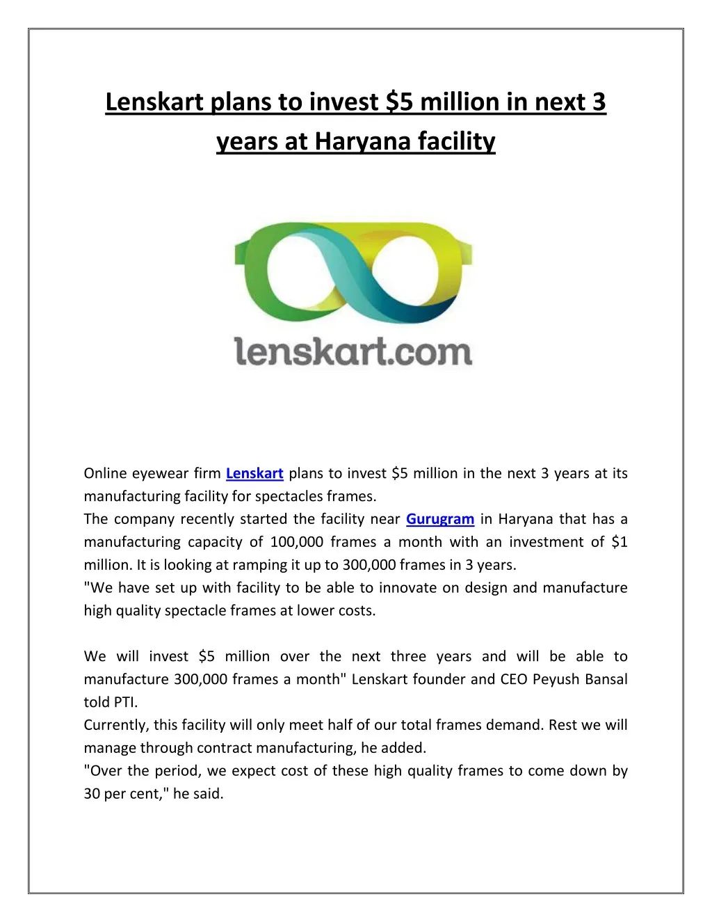 PPT Lenskart Plans To Invest 5 Million In Next 3 Years At Haryana