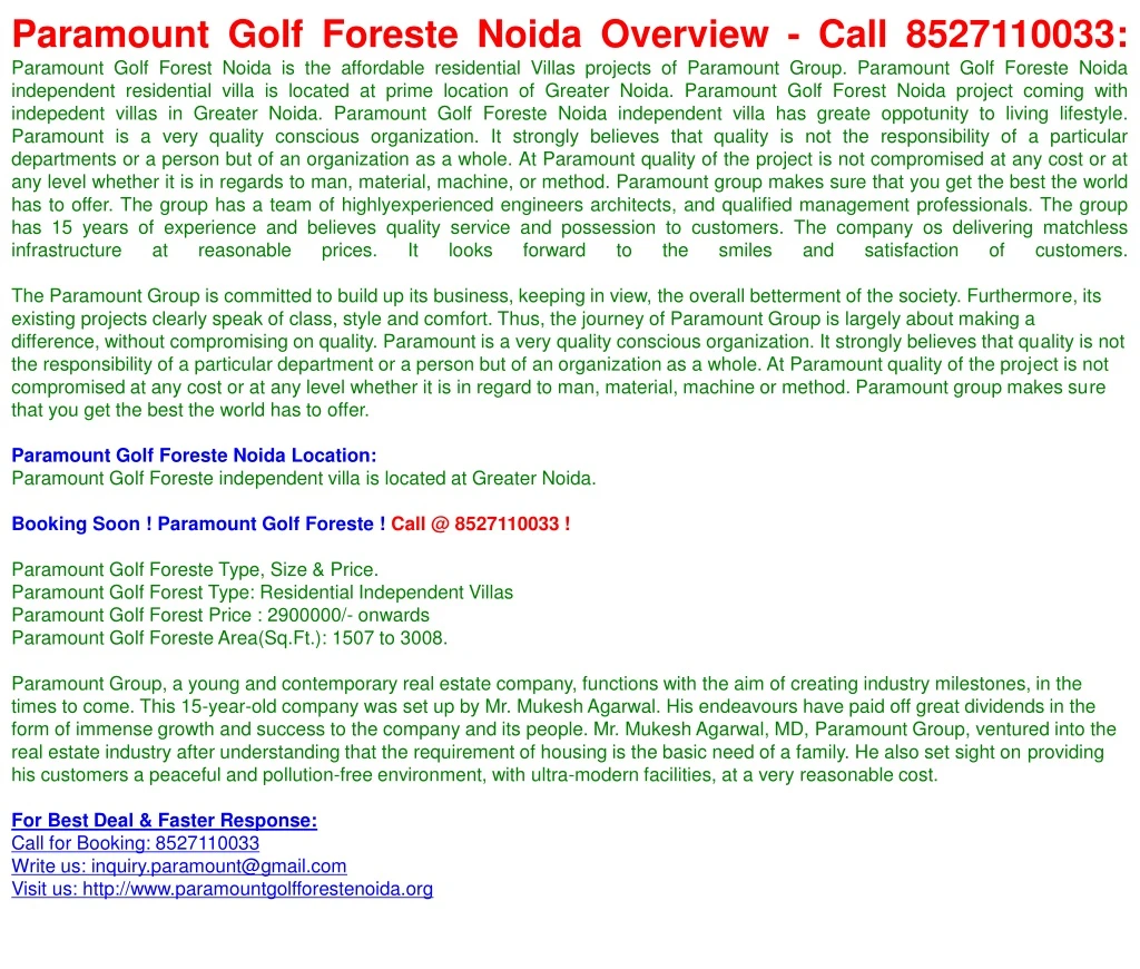 paramount golf foreste noida overview call n.