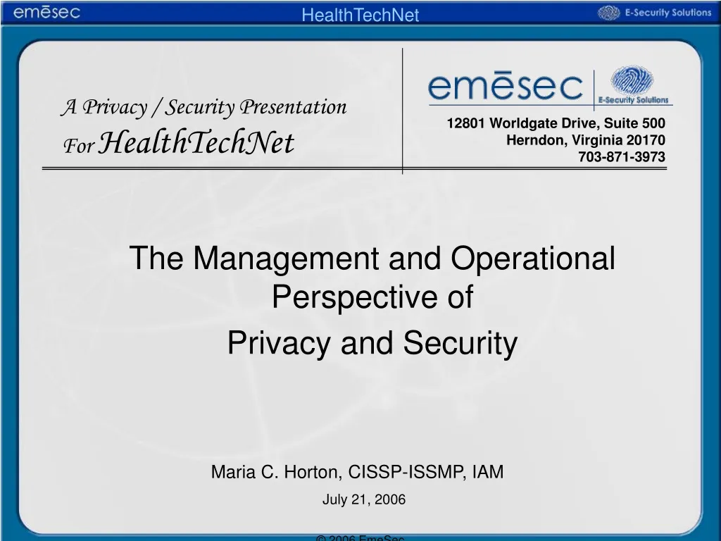 the management and operational perspective of privacy and security n.