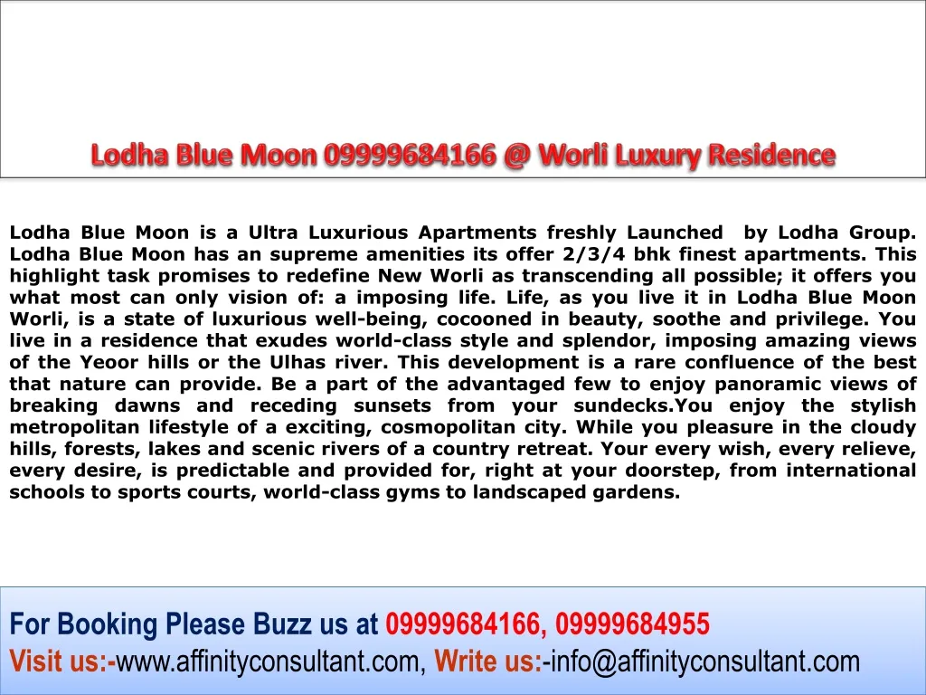 lodha blue moon 09999684166 @ worli luxury n.