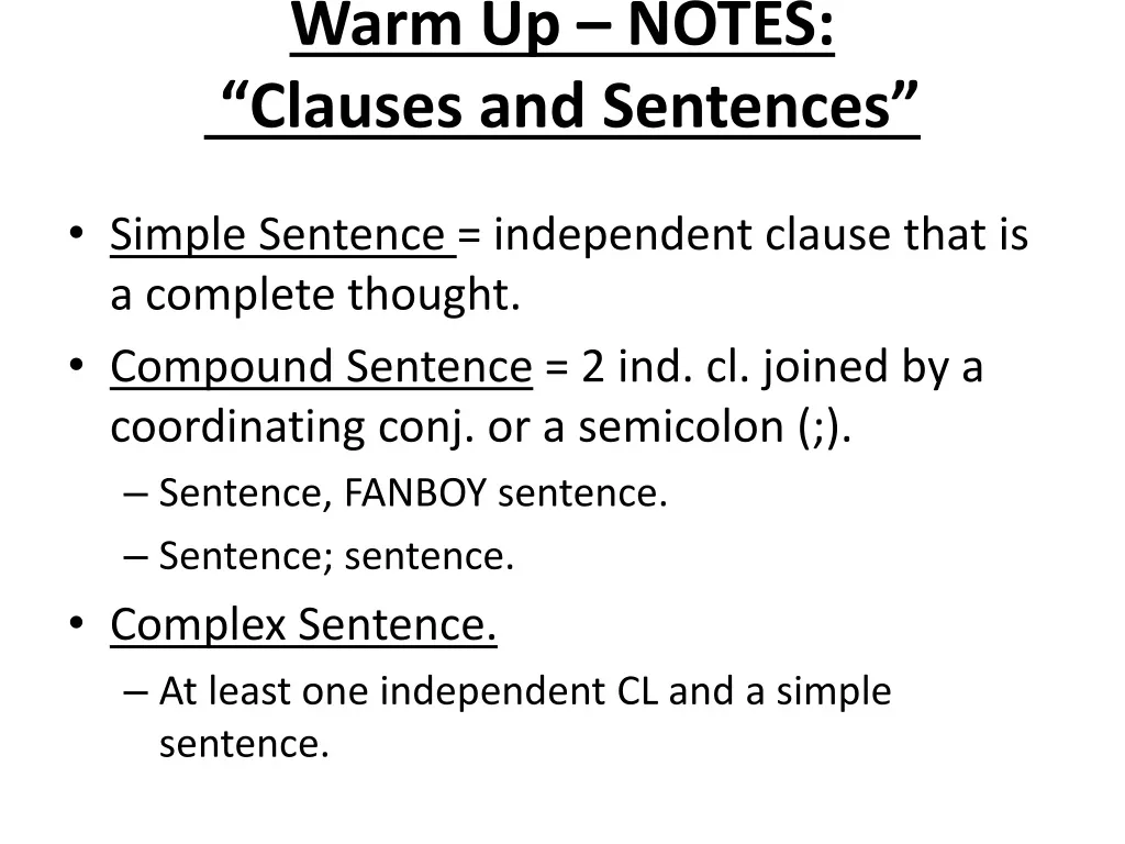 warm up notes clauses and sentences n.