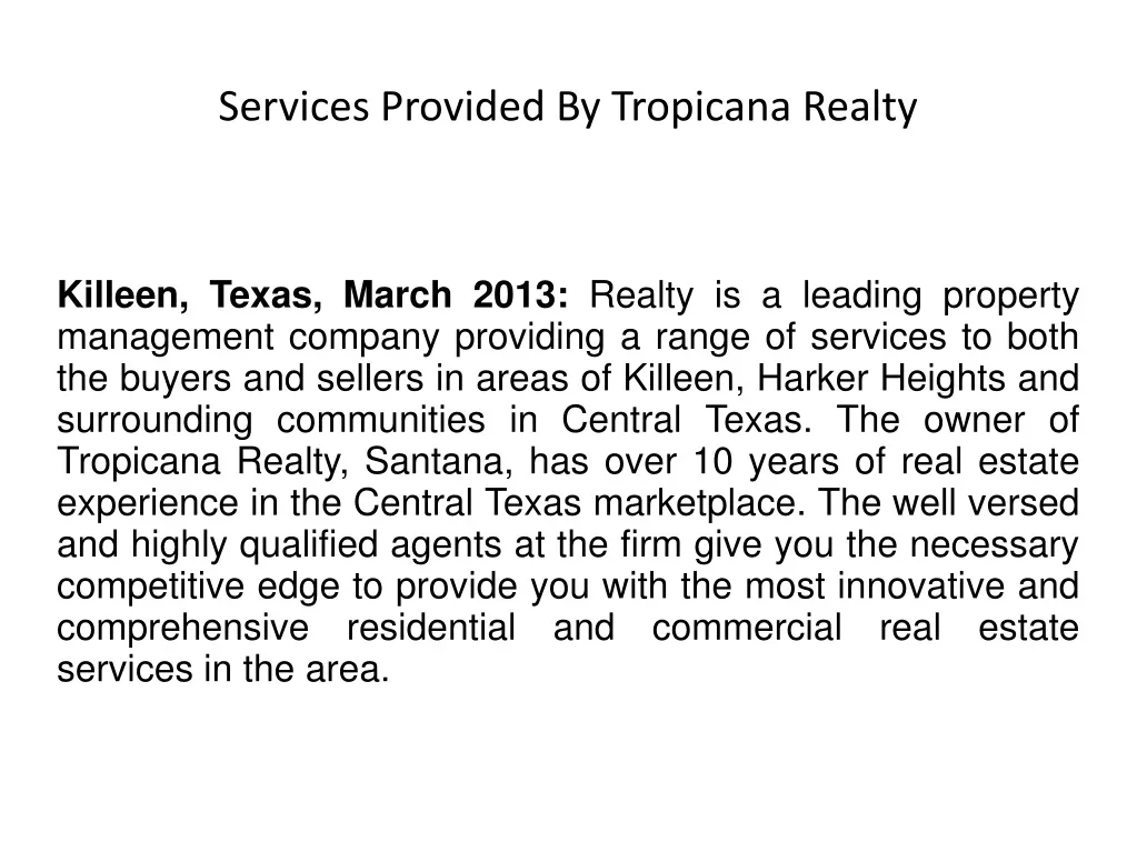 services provided by tropicana realty n.