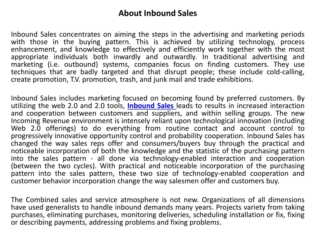 about inbound sales inbound sales concentrates n.