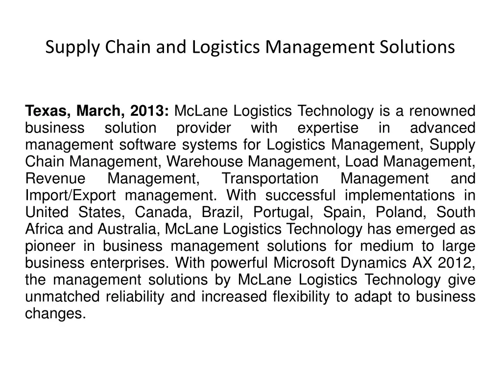 supply chain and logistics management solutions n.