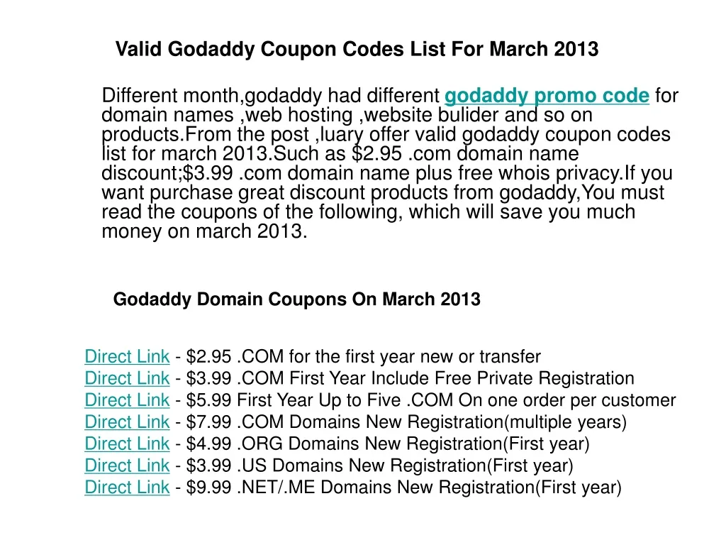 valid godaddy coupon codes list for march 2013 n.