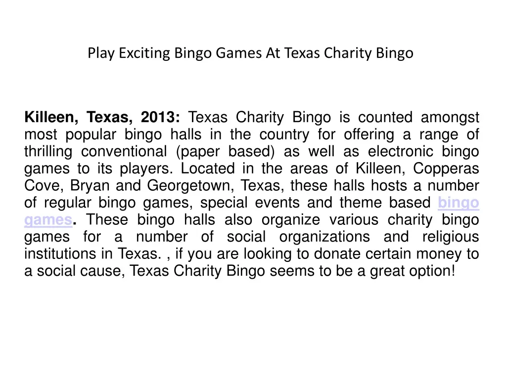 play exciting bingo games at texas charity bingo n.