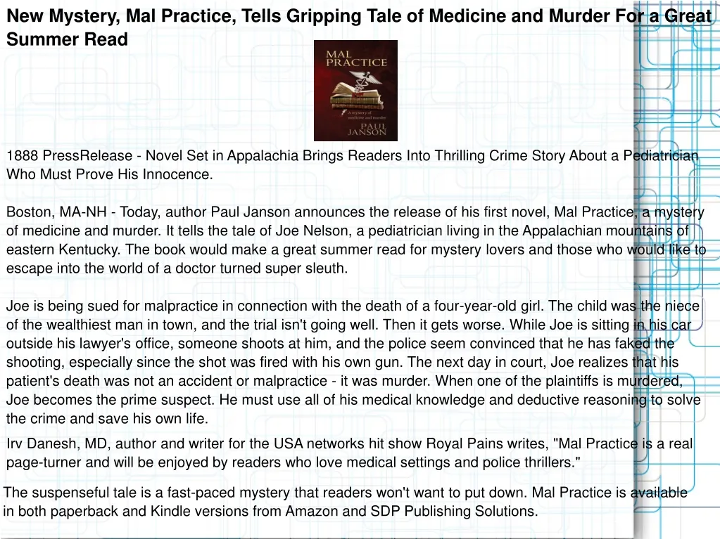 new mystery mal practice tells gripping tale n.