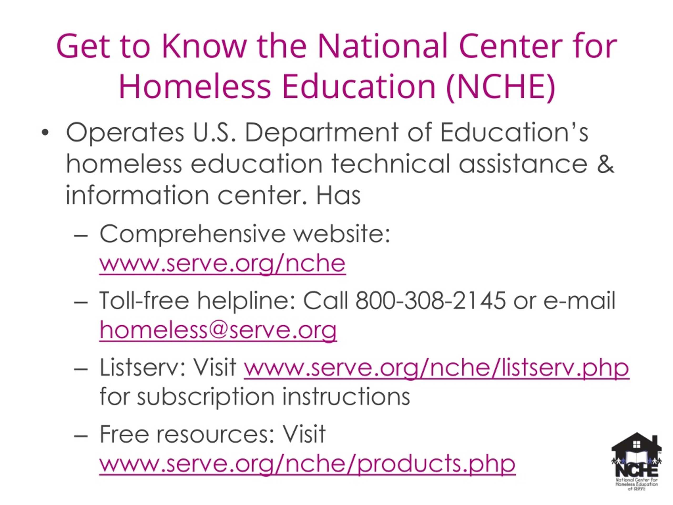 PPT - Get to Know the National Center for Homeless Education (NCHE ...