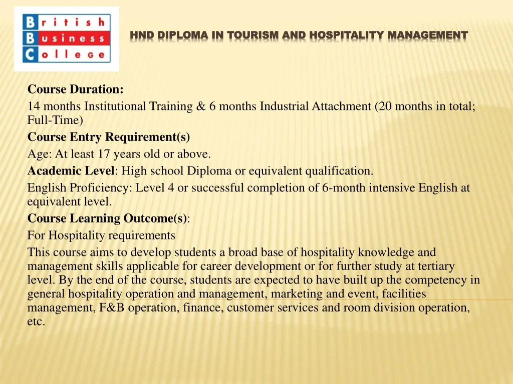 hnd diploma in tourism and hospitality management n.