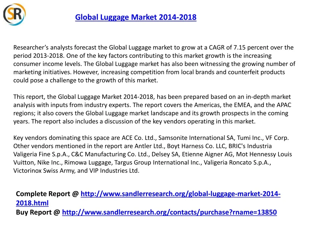 global luggage market 2014 2018 n.