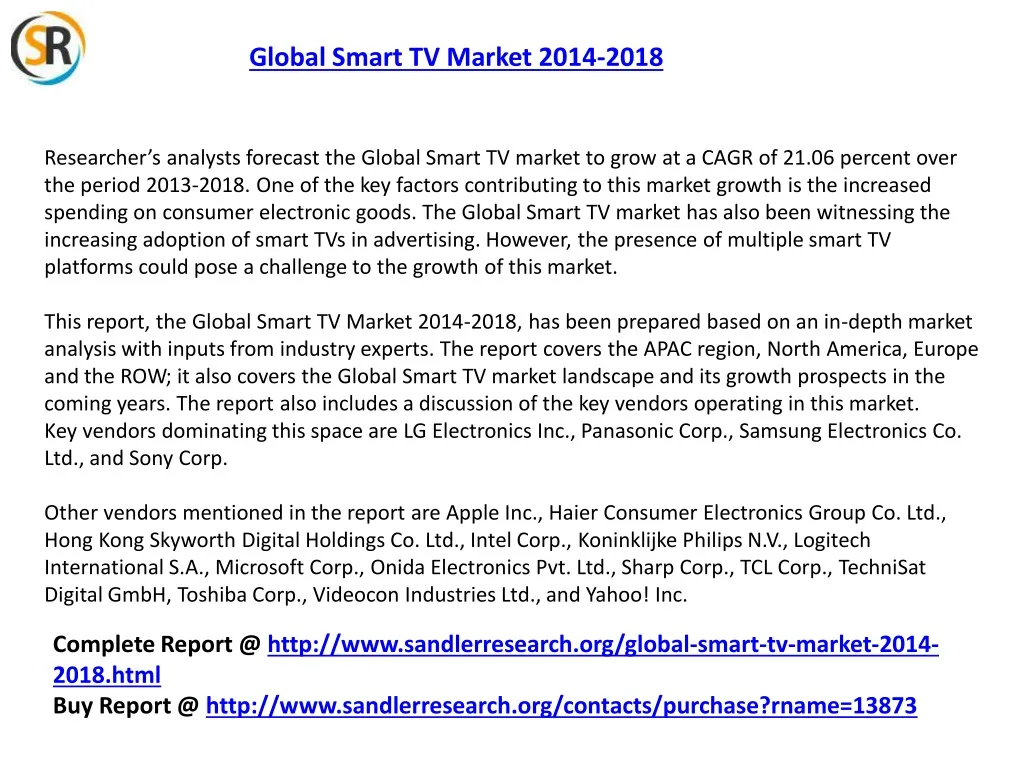 global smart tv market 2014 2018 n.