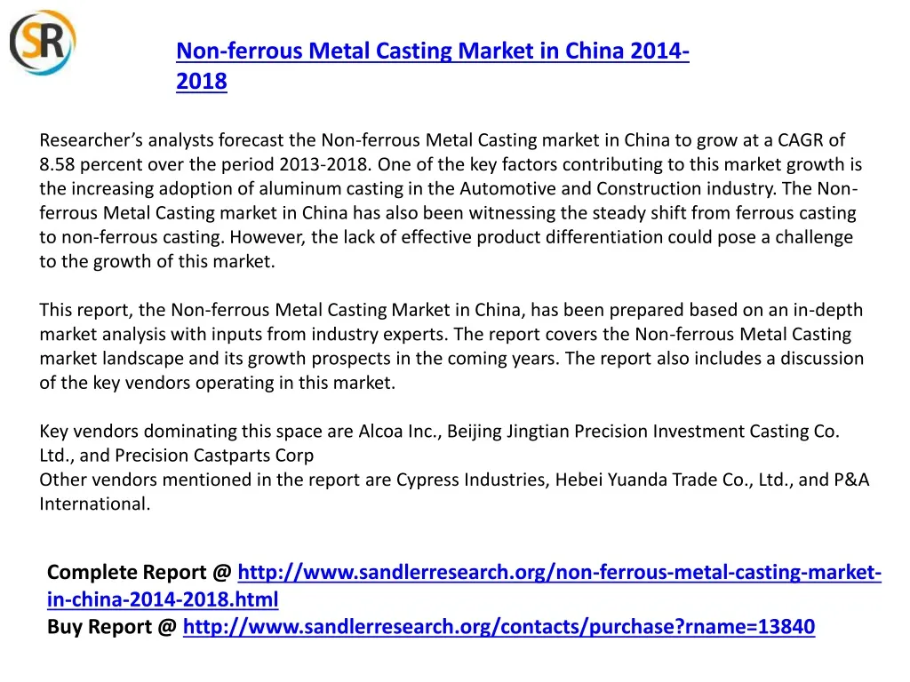 non ferrous metal casting market in china 2014 n.