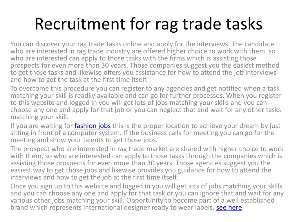 recruitment for rag trade tasks n.