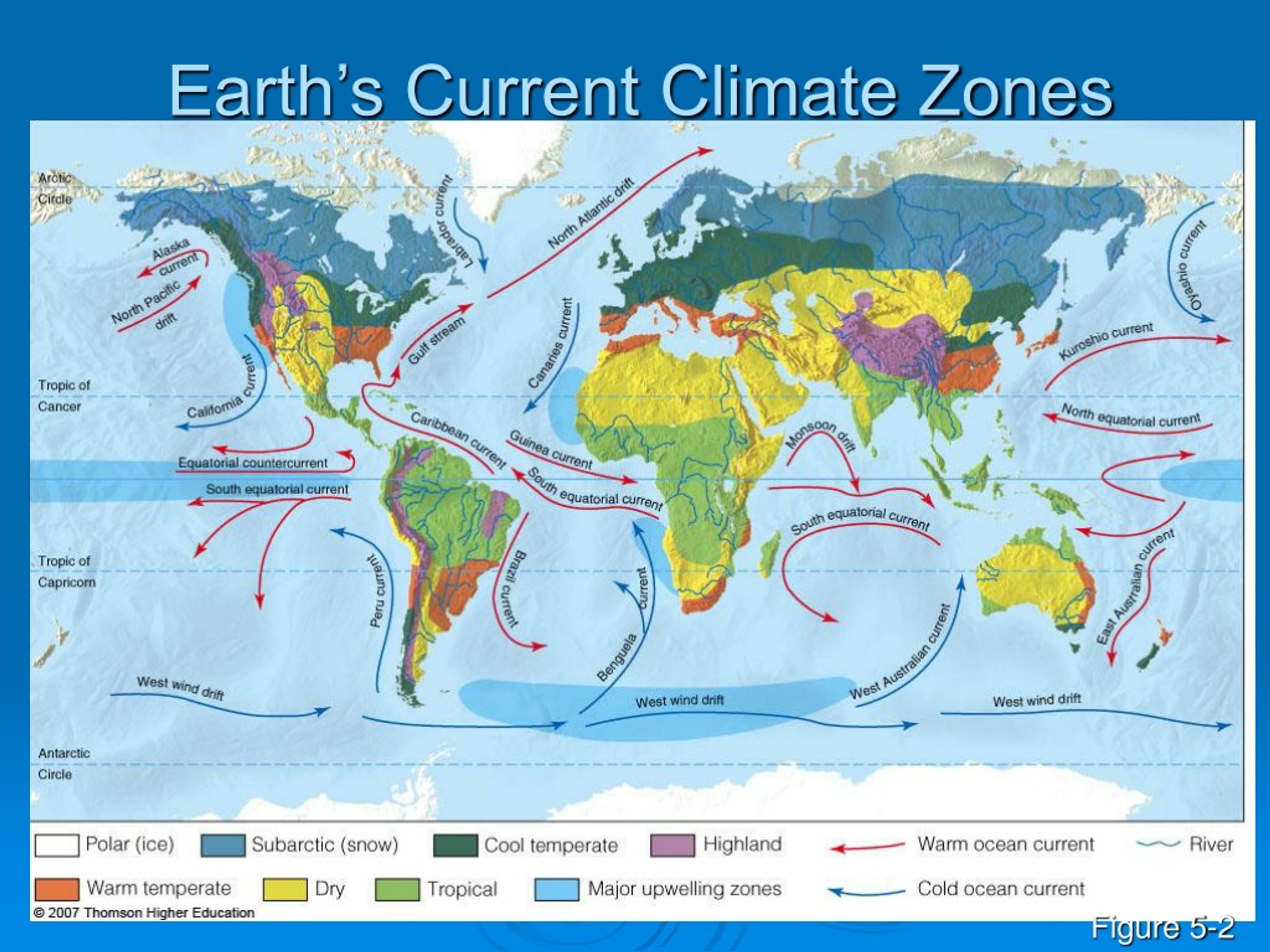 Different climate. Climate Zones. Dry Terrestrial climate. Surface current.