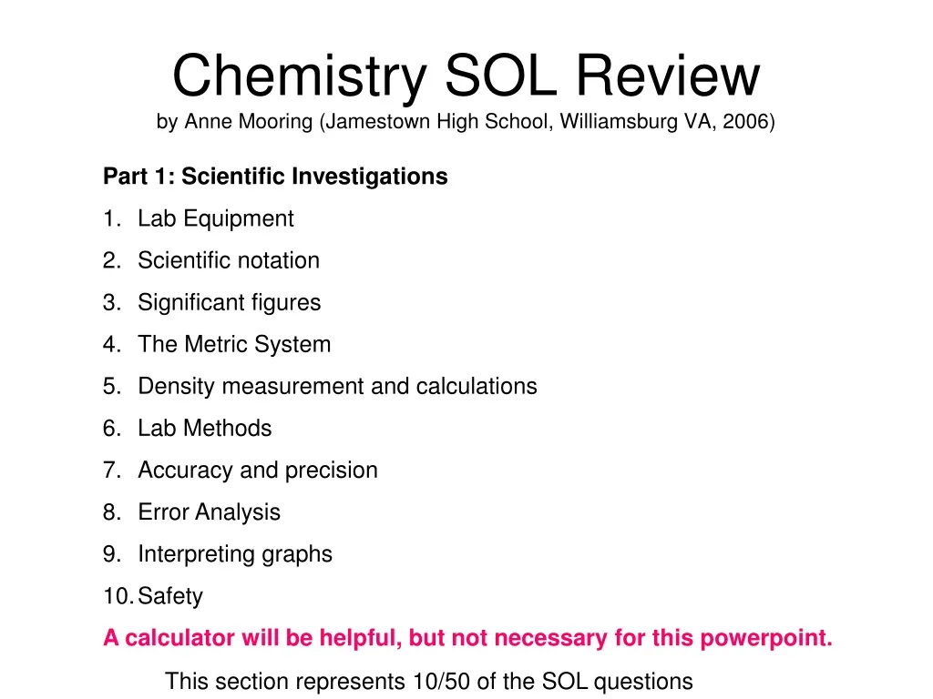 chemistry sol review by anne mooring jamestown high school williamsburg va 2006 n.