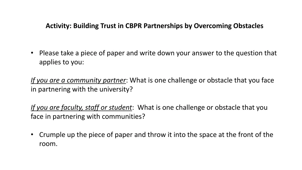 activity building trust in cbpr partnerships n.