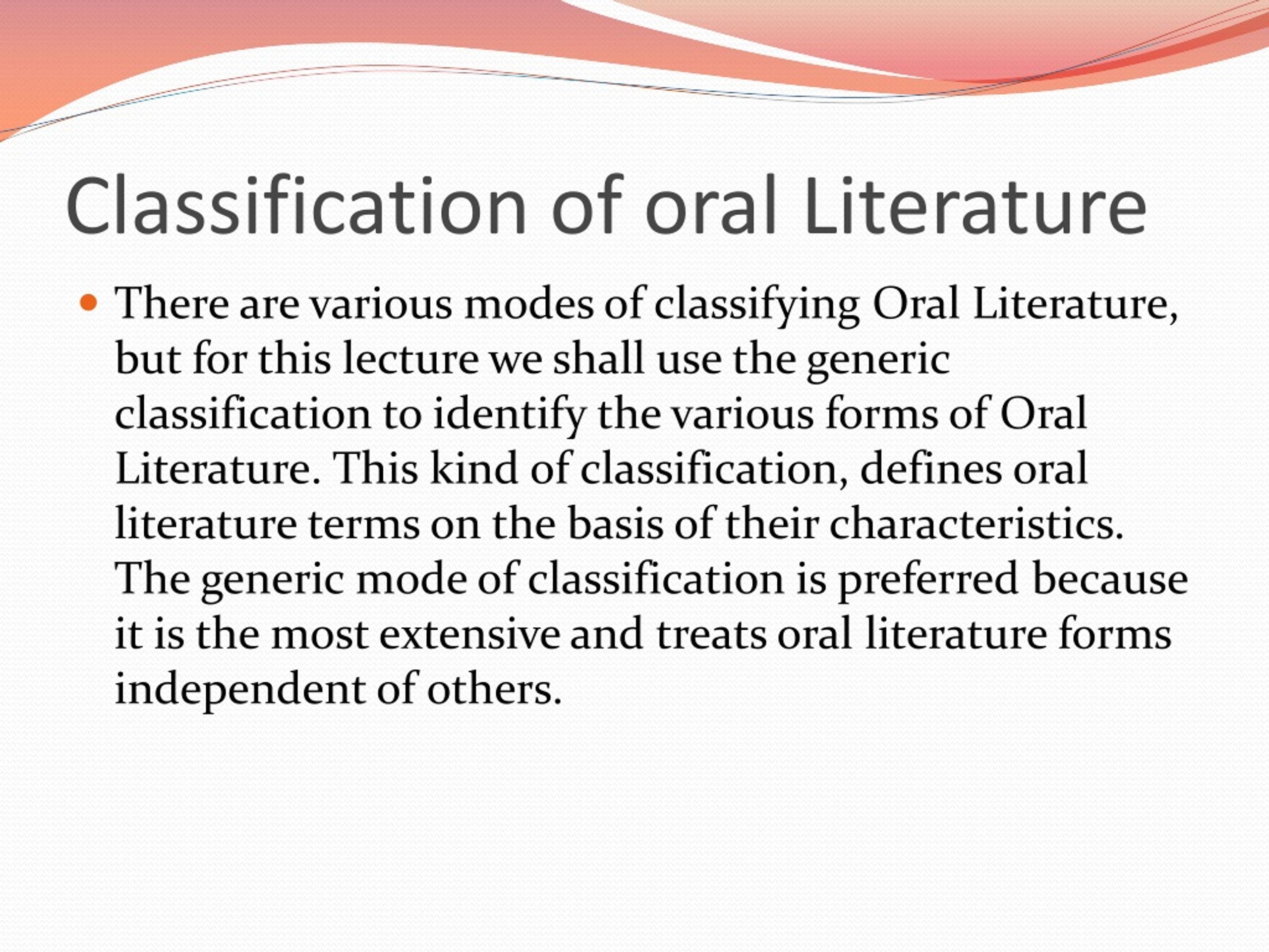 what are the categories of oral literature