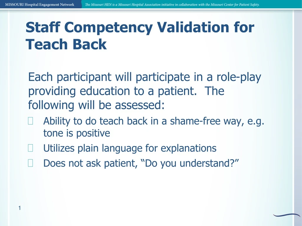 staff competency validation for teach back n.