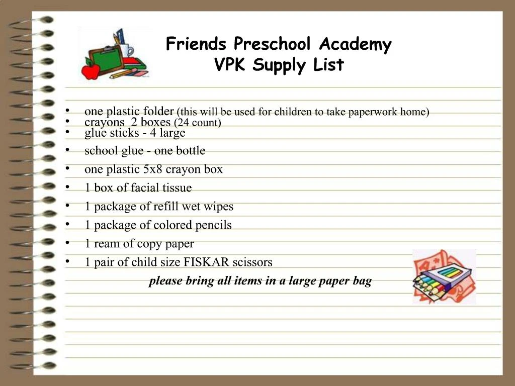 PPT Friends Preschool Academy VPK Supply List PowerPoint Presentation