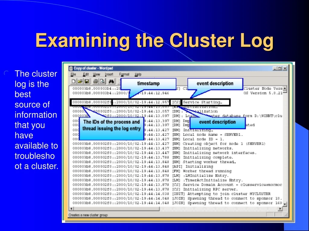examining the cluster log n.