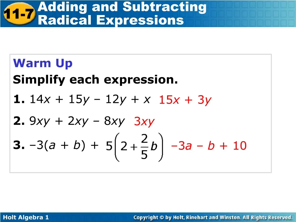 Ppt Warm Up Simplify Each Expression 1 14 X 15 Y 12 Y X 2 9 Xy 2 Xy 8 Xy Powerpoint Presentation Id