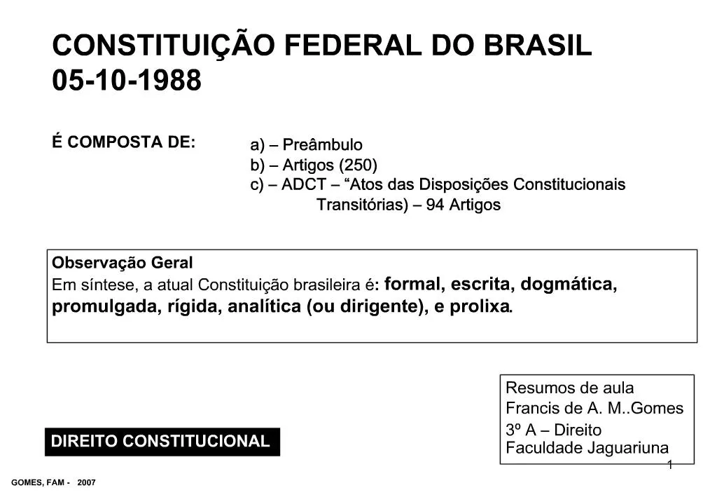 PPT - CONSTITUI O FEDERAL DO BRASIL 05-10-1988 COMPOSTA DE: A Pre Mbulo ...