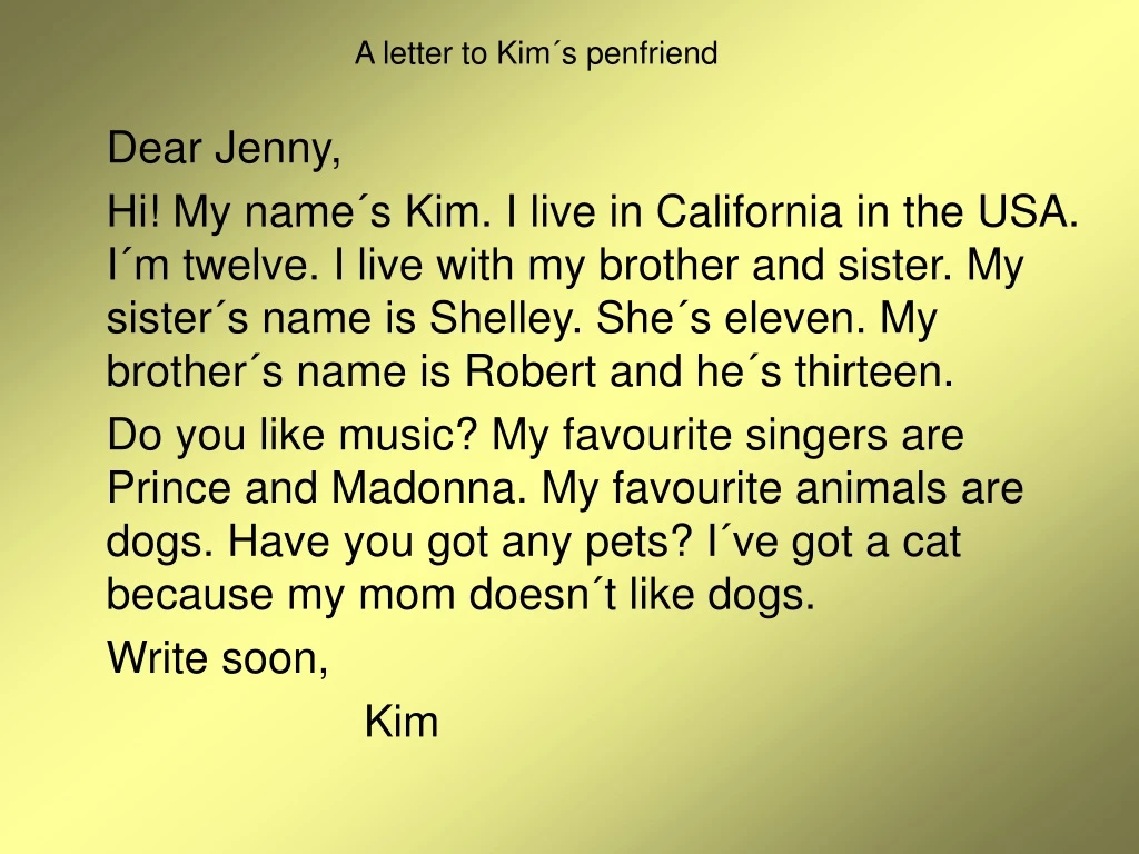 a letter to kim s penfriend n.