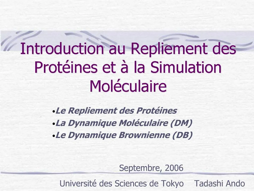 PPT - Introduction Au Repliement Des Prot Ines Et La Simulation Mol ...