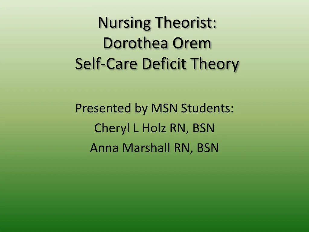 PPT - Nursing Theorist: Dorothea Orem Self-Care Deficit Theory ...