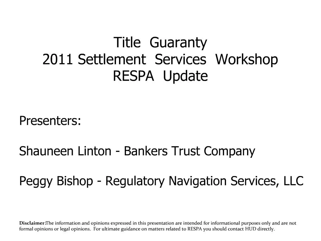 PPT Title Guaranty 2011 Settlement Services RESPA Update