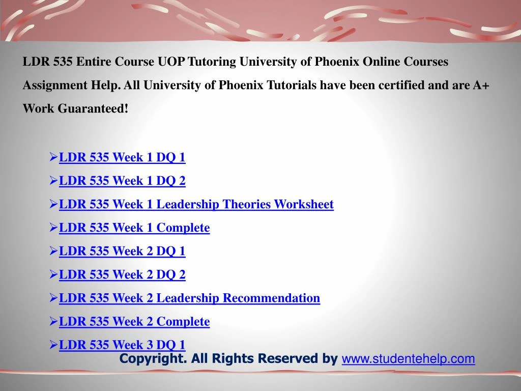 ldr 535 Leadership theories ldr/535 version 1 university of phoenix material leadership theories complete the university of phoenix material: leadership theories with the following information: identify five leadership theories. ldr 535 Leadership theories ldr/535 version 1 university of phoenix material leadership theories complete the university of phoenix material: leadership theories with the following information: identify five leadership theories.
