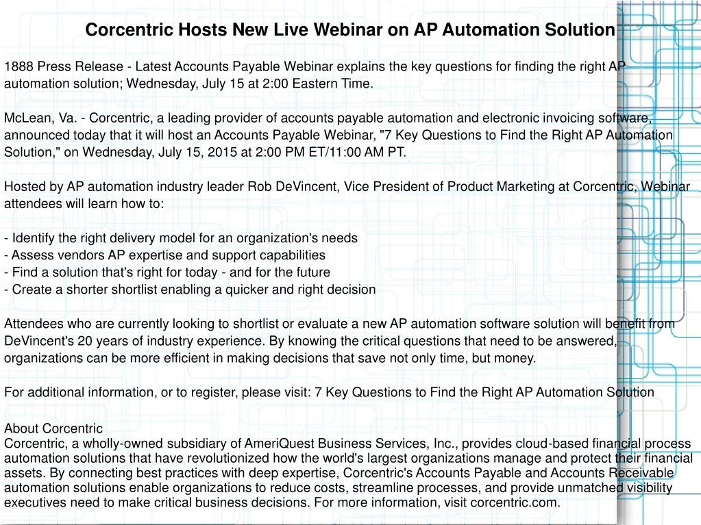 PPT Corcentric Hosts New Live Webinar On AP Automation Solution 