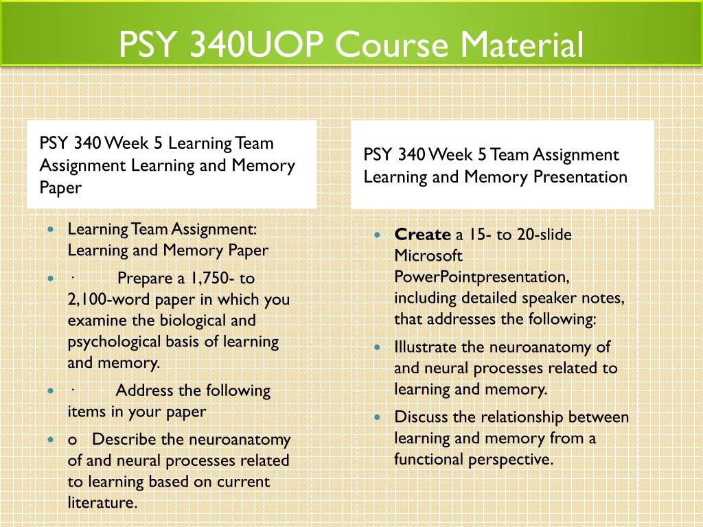 learning and memory psy 340 Psy 340 entire course link 340 week 5 learning and memory presentationcreate a 15- to 20-slide microsoft® powerpoint. learning and memory psy 340 Psy 340 entire course link 340 week 5 learning and memory presentationcreate a 15- to 20-slide microsoft® powerpoint.