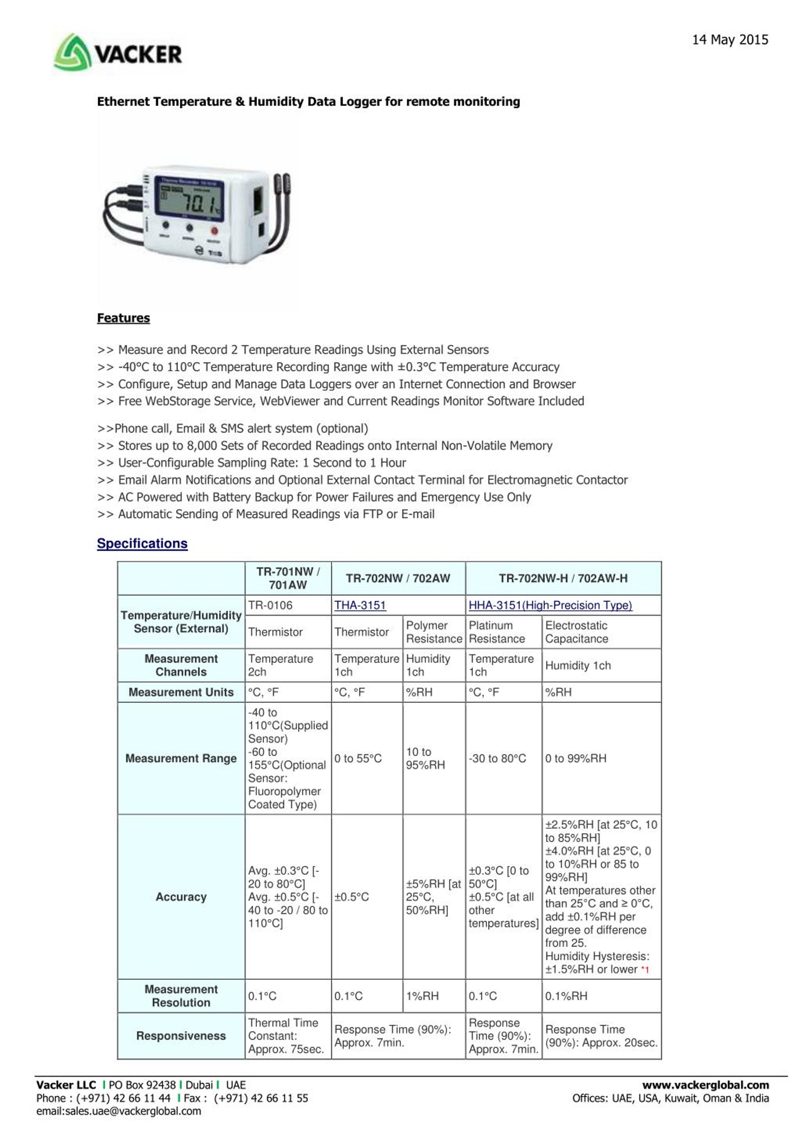 Remote Temperature sensor with recording and alert, Vacker UAE