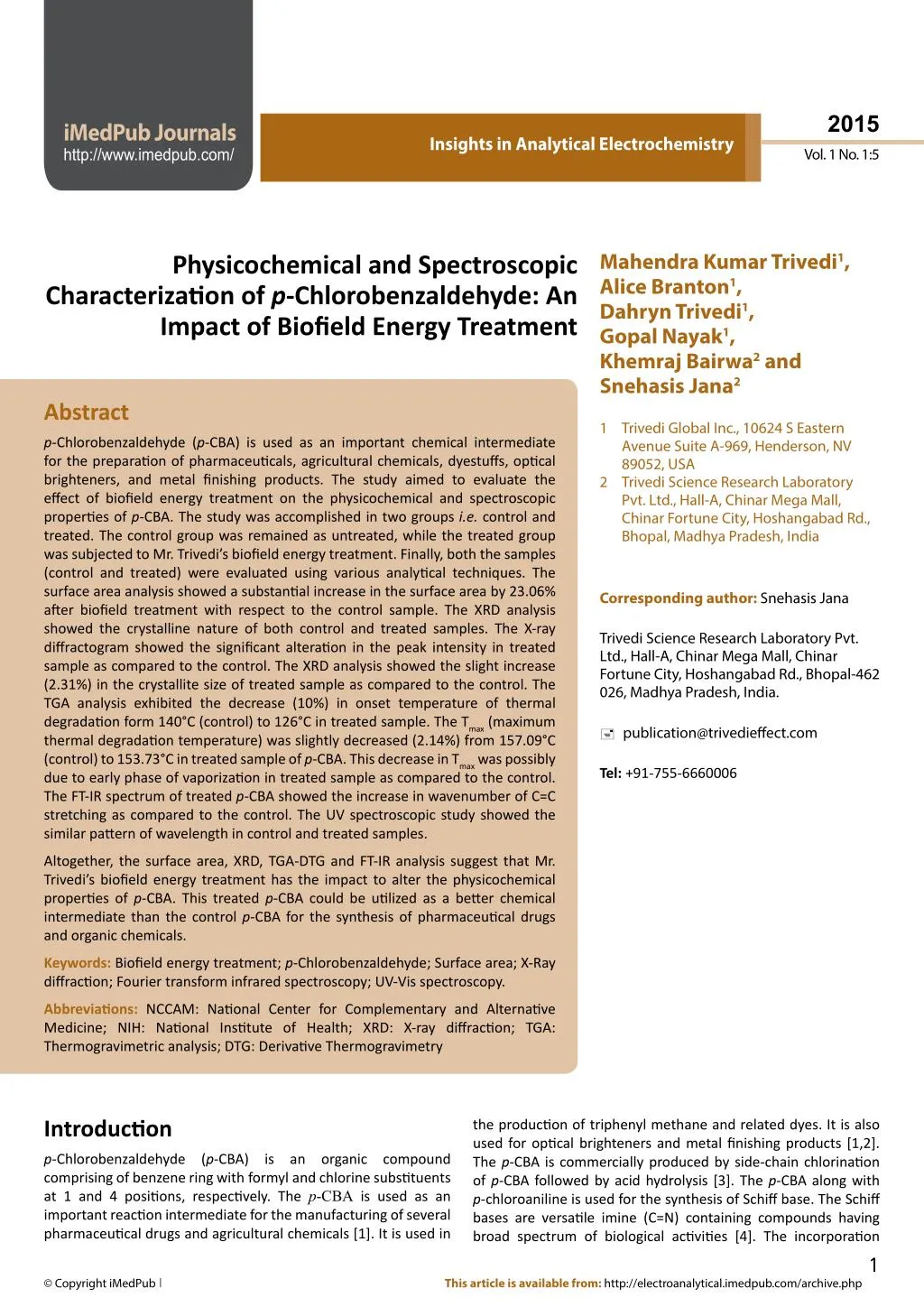 PPT - An Impact of Biofield Energy Treatment on p-Chlorobenzaldehyde ...