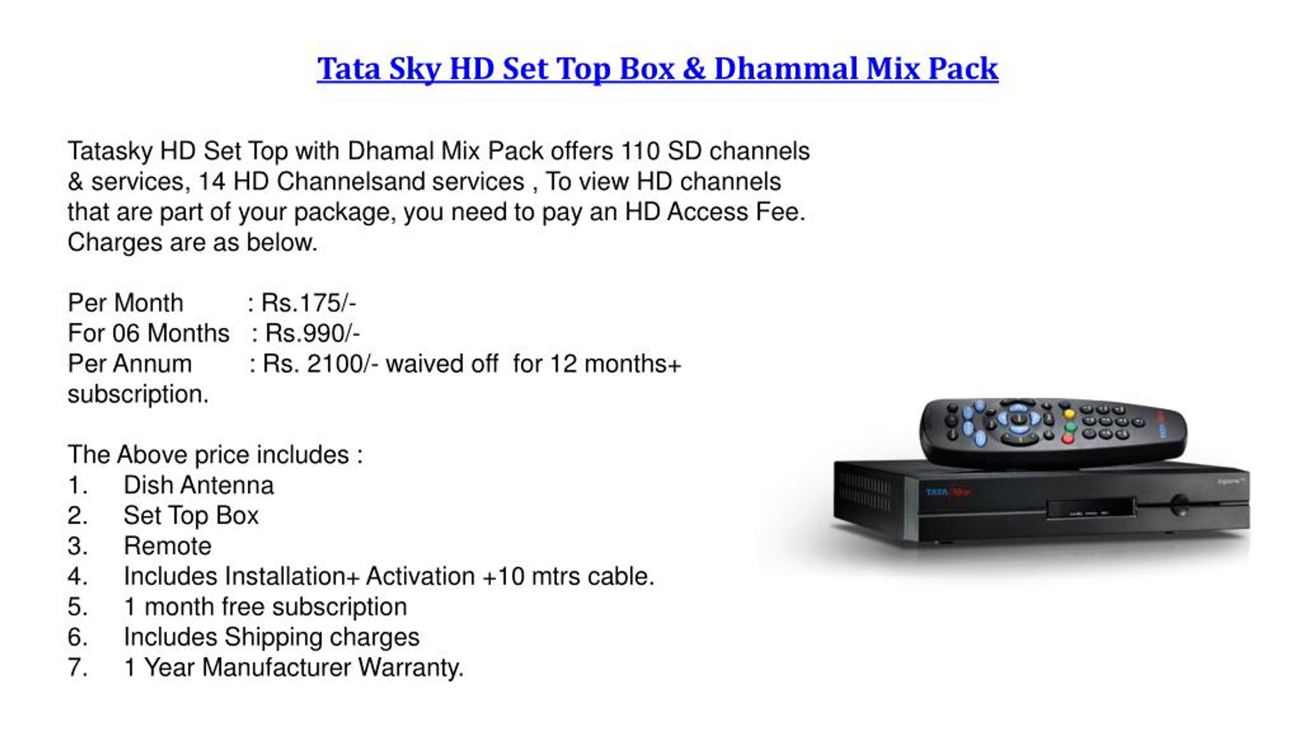 PPT - Tata Sky HD Set Top Box & Dhammal Mix Pack  Tatasky Packages  PowerPoint Presentation - ID:7291920