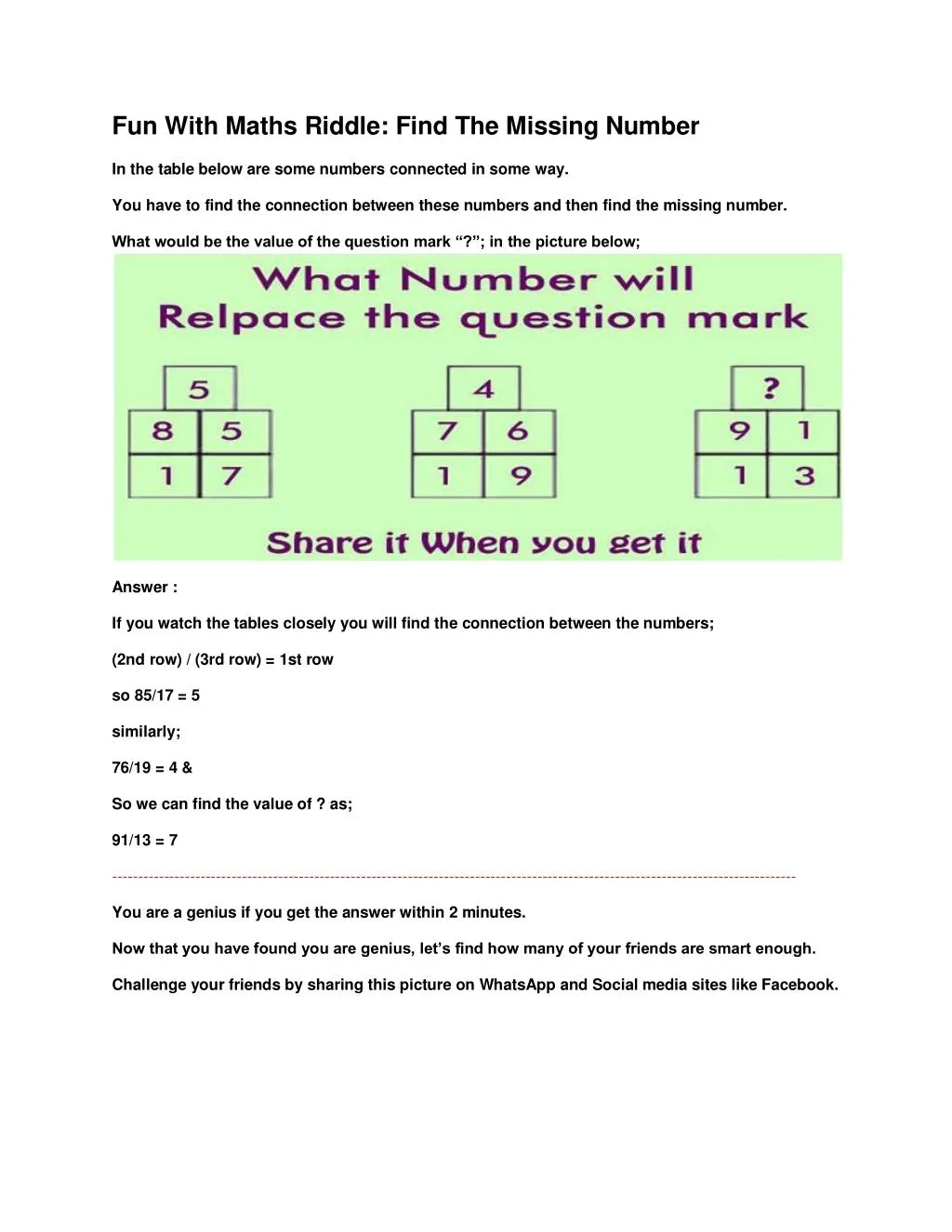 Ppt Fun With Maths Riddle Find The Missing Number Powerpoint Presentation Id 7301291