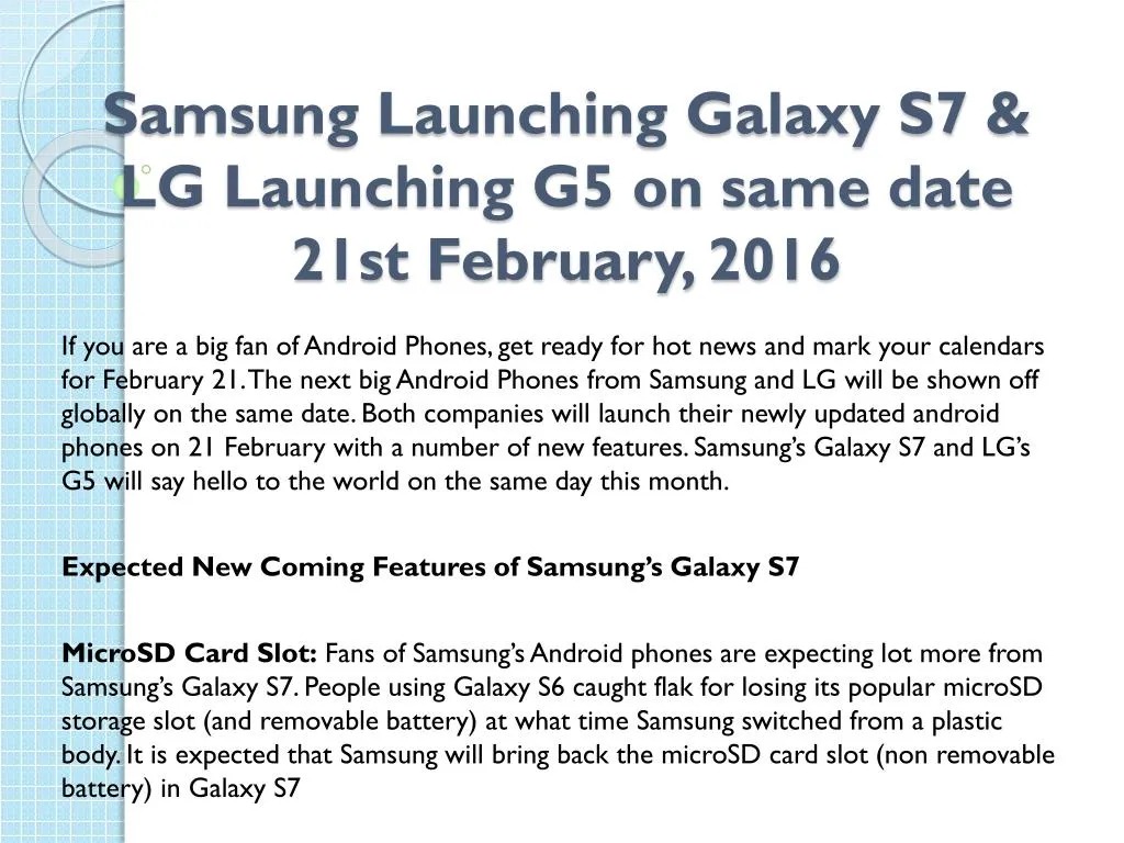 samsung launching galaxy s7 lg launching g5 on same date 21st february 2016 n.