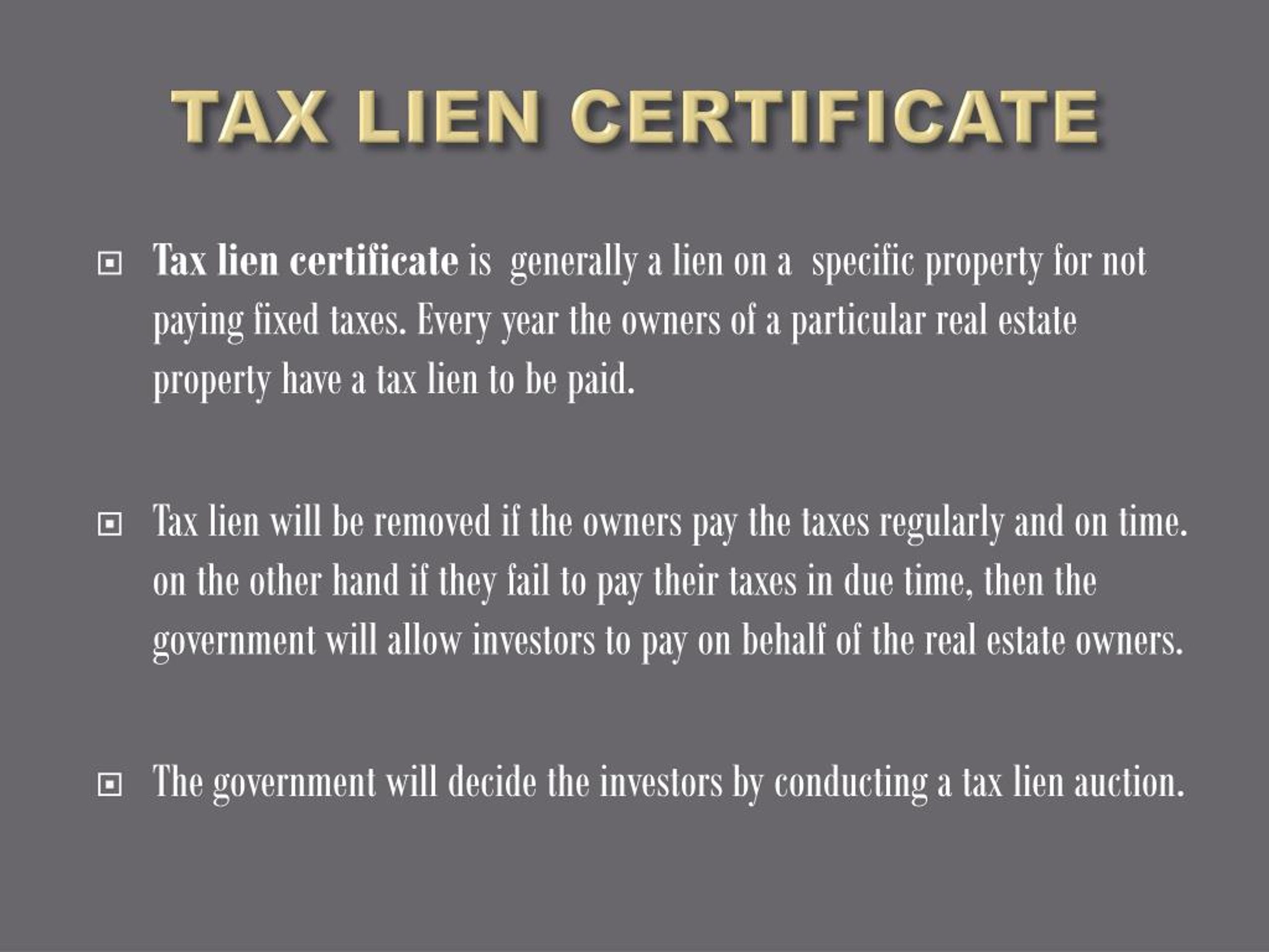 tax lien certificates assignment purchasing