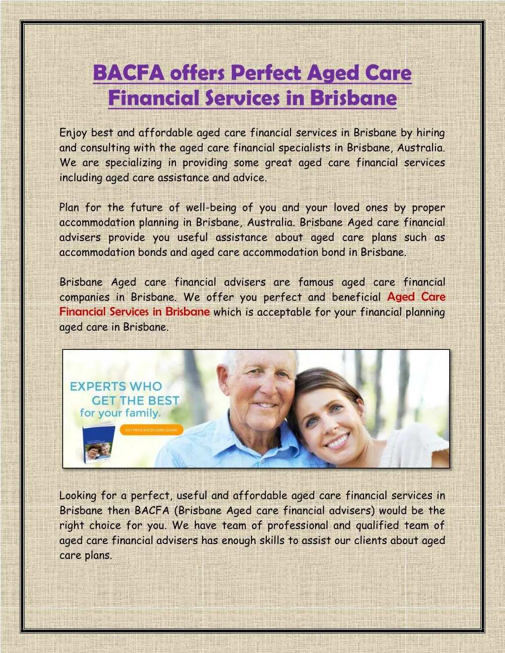 PPT BACFA offers Perfect Aged Care Financial Services in Brisbane