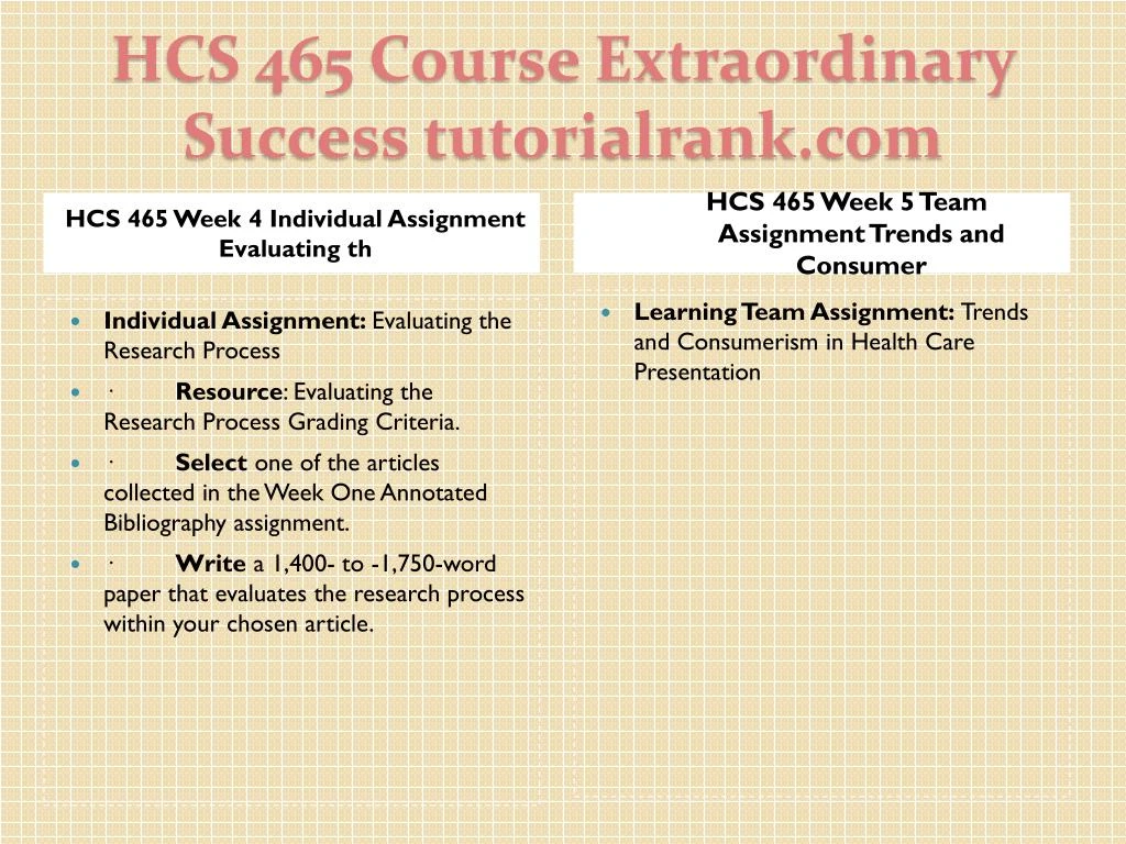 evaluating the research process grading criteria hcs 465 Hcs/465 hcs465 hcs 465 week 4 individual assignment evaluating the research process individual assignment: evaluating the research process grading criteria. evaluating the research process grading criteria hcs 465 Hcs/465 hcs465 hcs 465 week 4 individual assignment evaluating the research process individual assignment: evaluating the research process grading criteria.