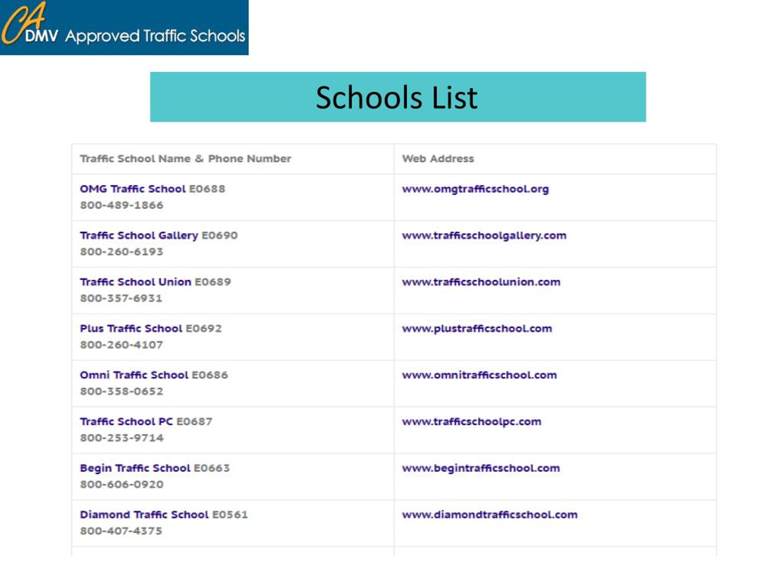 dmv approved traffic schools