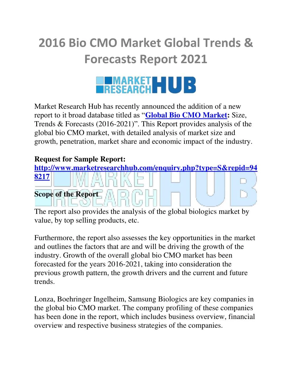 2016 bio cmo market global trends forecasts n.