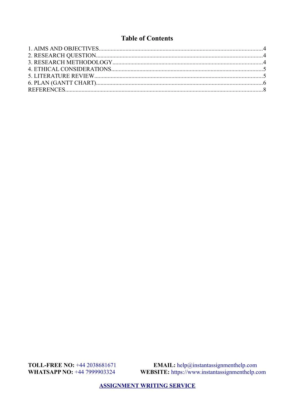 project table of contents example