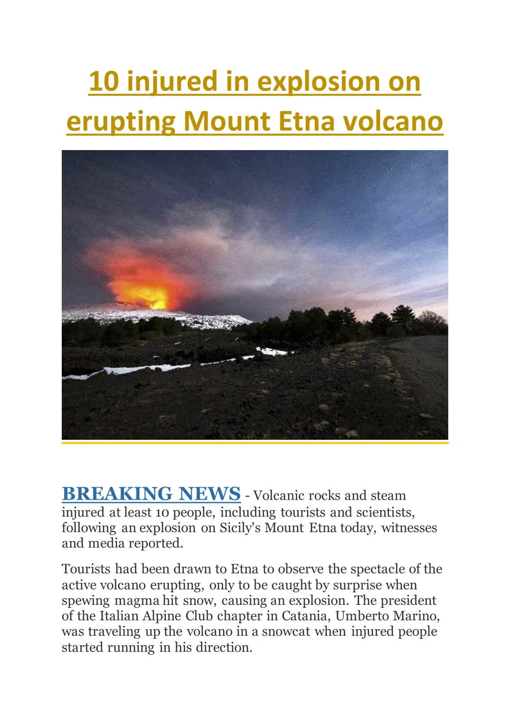 10 injured in explosion on erupting mount etna n.