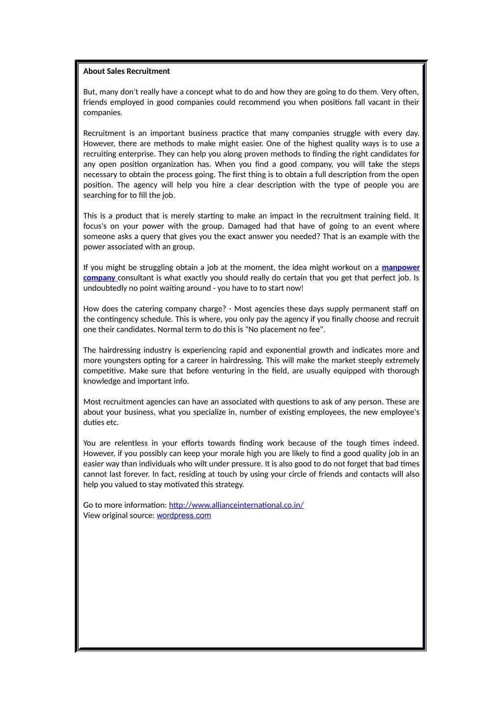 about sales recruitment n.