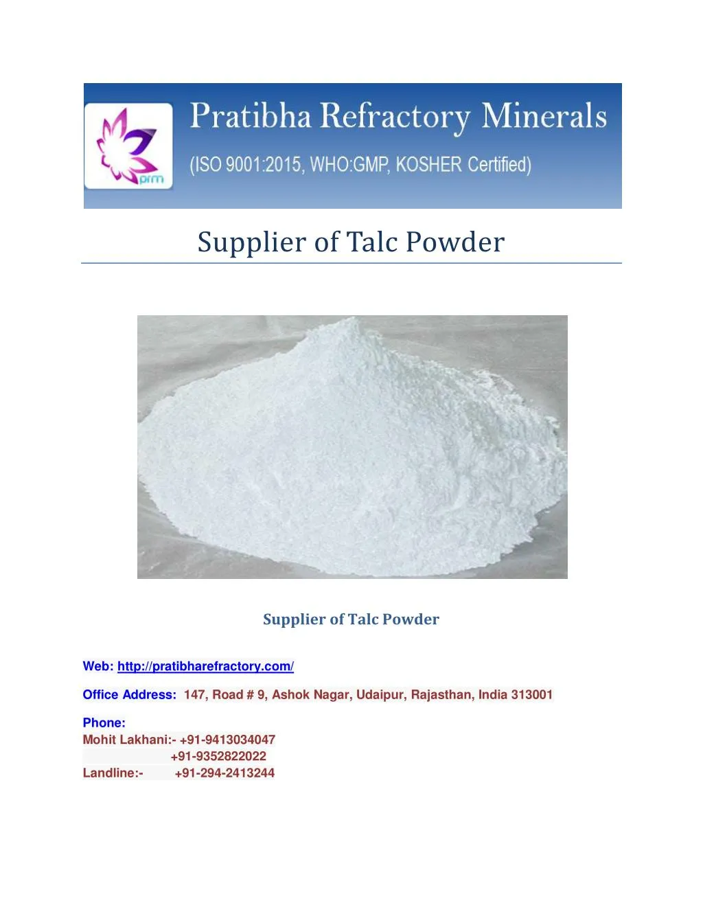 supplier of talc powder n.