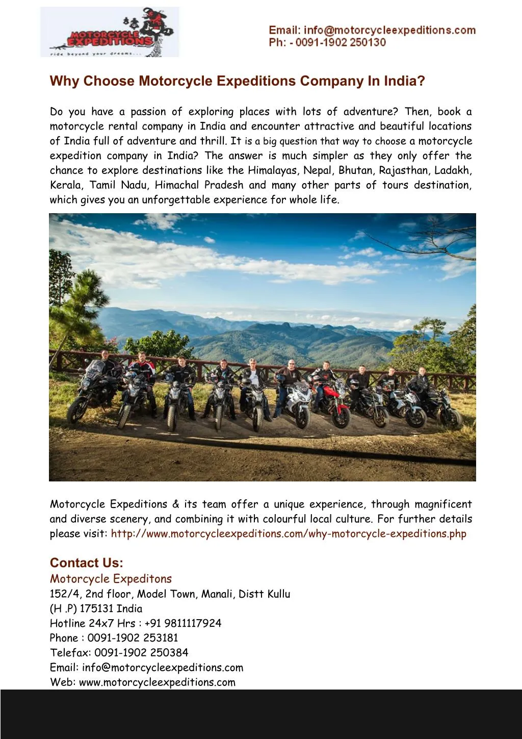 why choose motorcycle expeditions company in india n.