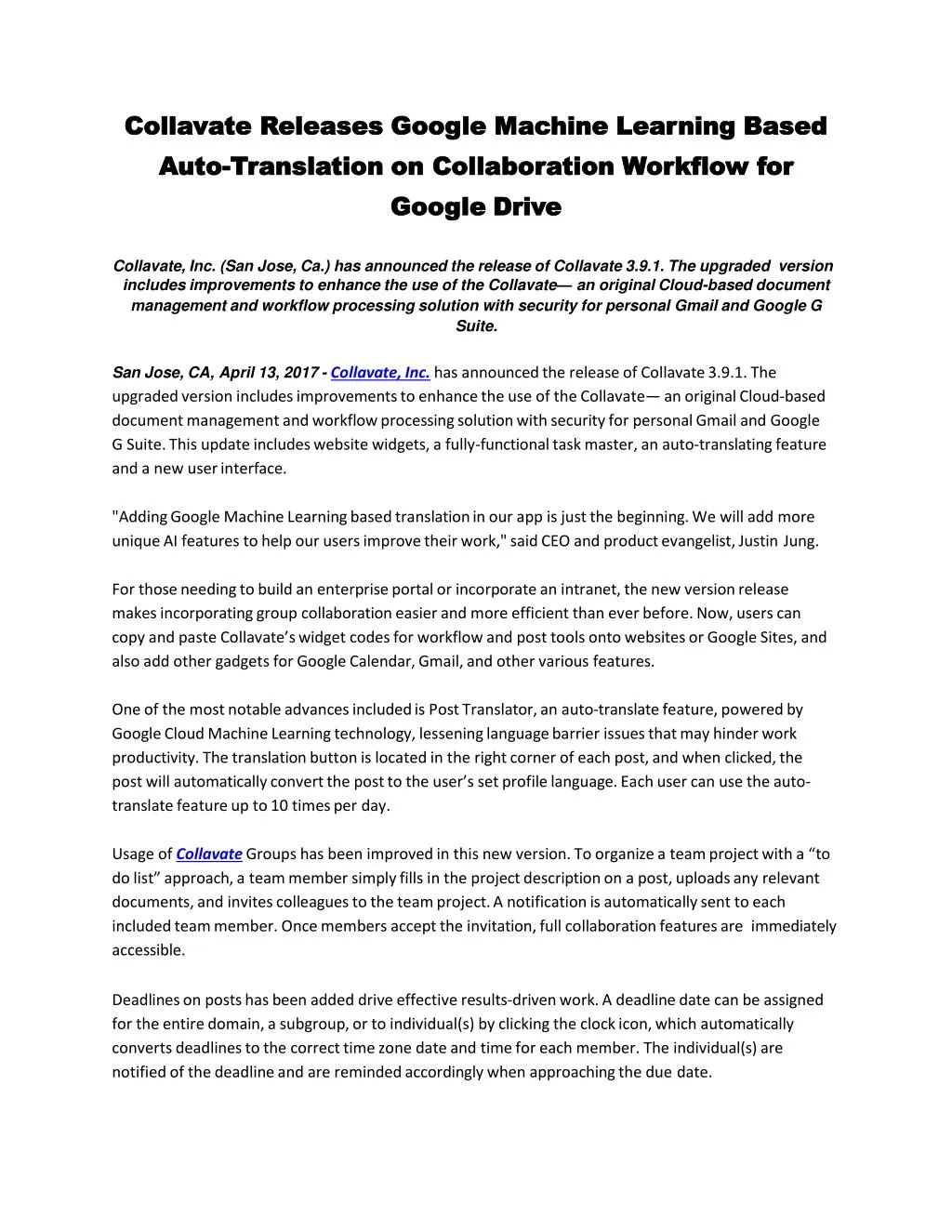 collavate releases google machine learning based n.